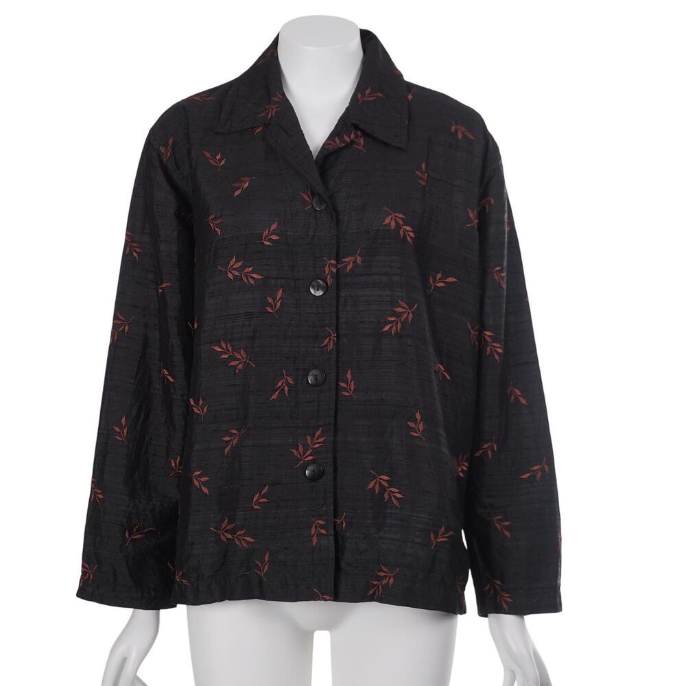 Chico's Top 1/M Black Silk Brown Embroidered Leaf Button Up Long Sleeve